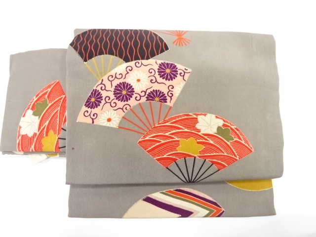 JAPANESE KIMONO / ANTIQUE TSUKURI OBI (PRE-TIED OBI) / SILK / EDO CHIRIMEN / FOLDING FAN